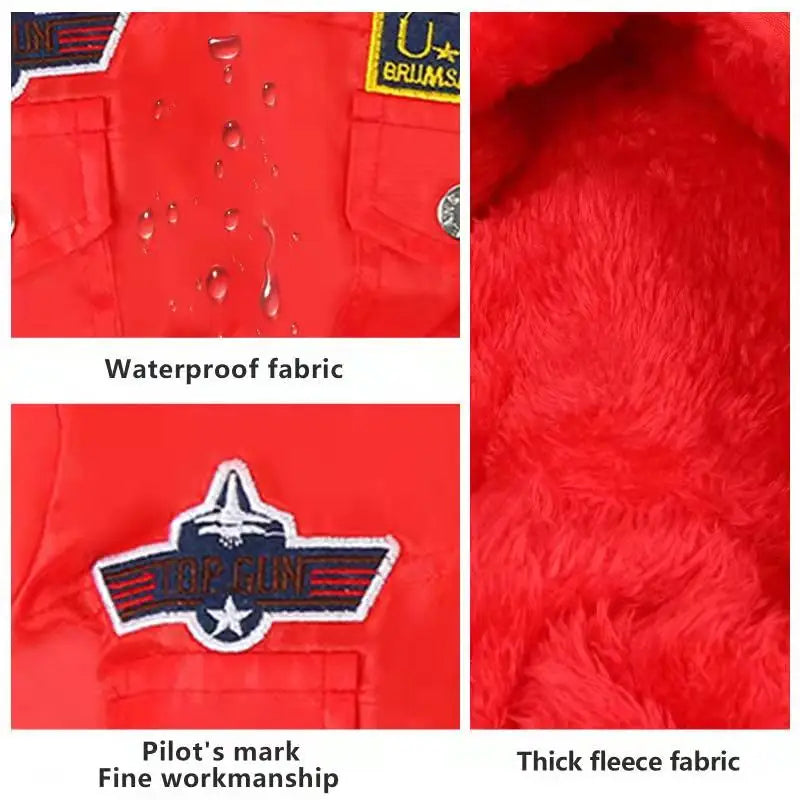 Red USA Airman Style Pet Dogs Coat Warm Small Dog Apparel Fleece Winter Coat Snowsuit Hooded Jumpsuit Waterproof Clothing