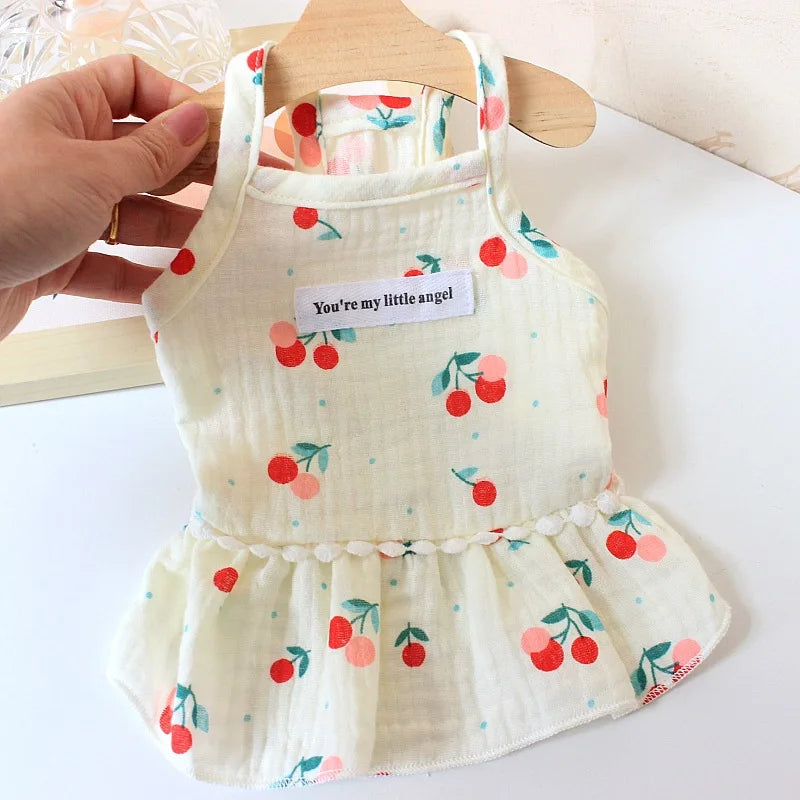 Cotton INS Cherry Pet Puppy Skirt Dog Clothes Small Dog Pomeranian Dresses Teddy Summer Floral Suspender Skirt Puppy Clothing