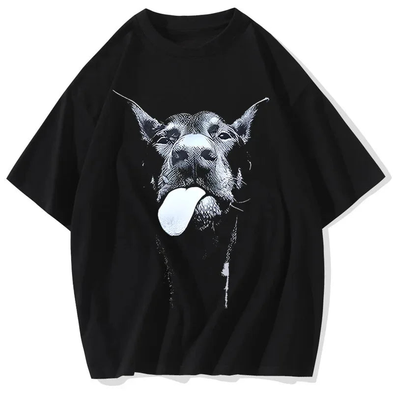 the ALPHA ATTITUDE - Men Gothic Letter Dog Printed T-Shirt, Hip Hop Streetwear Punk Summer Vintage Washed Oversized T-Shirts