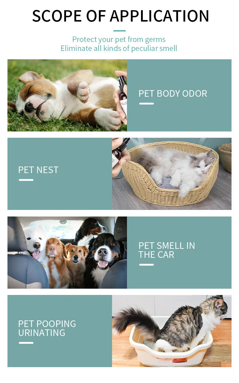 the PET DEODORANT - Natural Pet Deodorizing Spray for Cats/Dogs, Long Lasting Fragrance, Odor Eliminator, Safe Gentle Formula for Home Pet Care