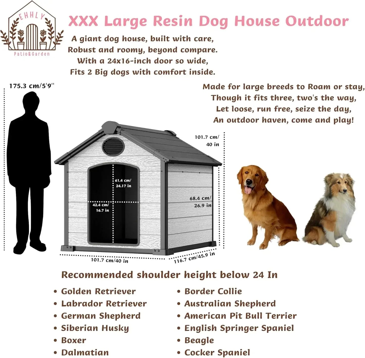 the BACKYARD DOG - For 46" Large Doghouse, Outdoor Weatherproof, 3XL Big Doghouse for 2 Large Dogs, Outside Insulated Igloo Pet House with Elevate