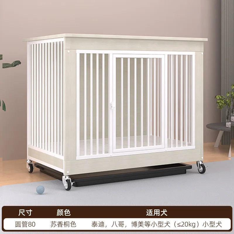 Reinforced Anti-Biting Dog Kennel Sturdy and Durable Wooden Round Pipe Dog Cage with Detachable Wheels Pet Bed