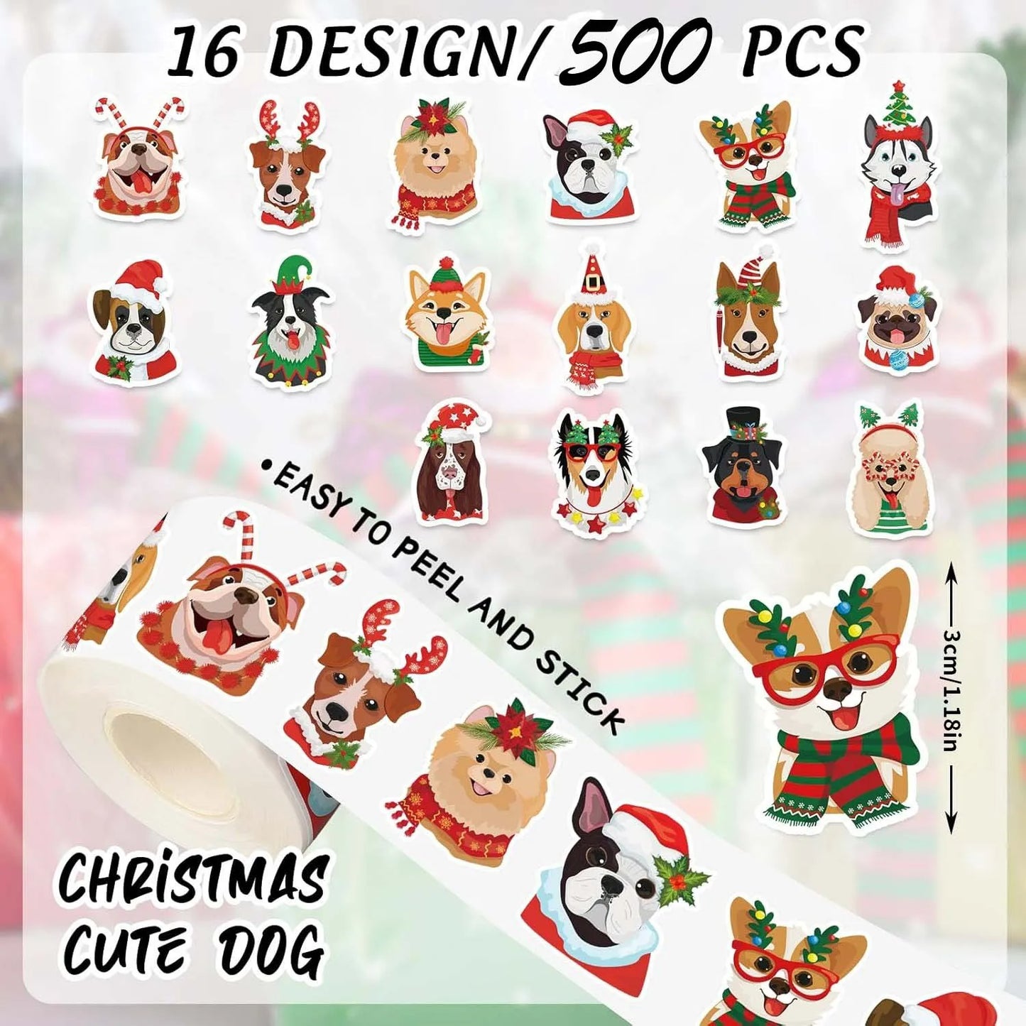the PAWMAS STICKER PACK - 100-500PCS Cartoon Dog Christmas Stickers, Party Christmas Gift Wrapping Label, Children Scrapbook Stationery Stickers