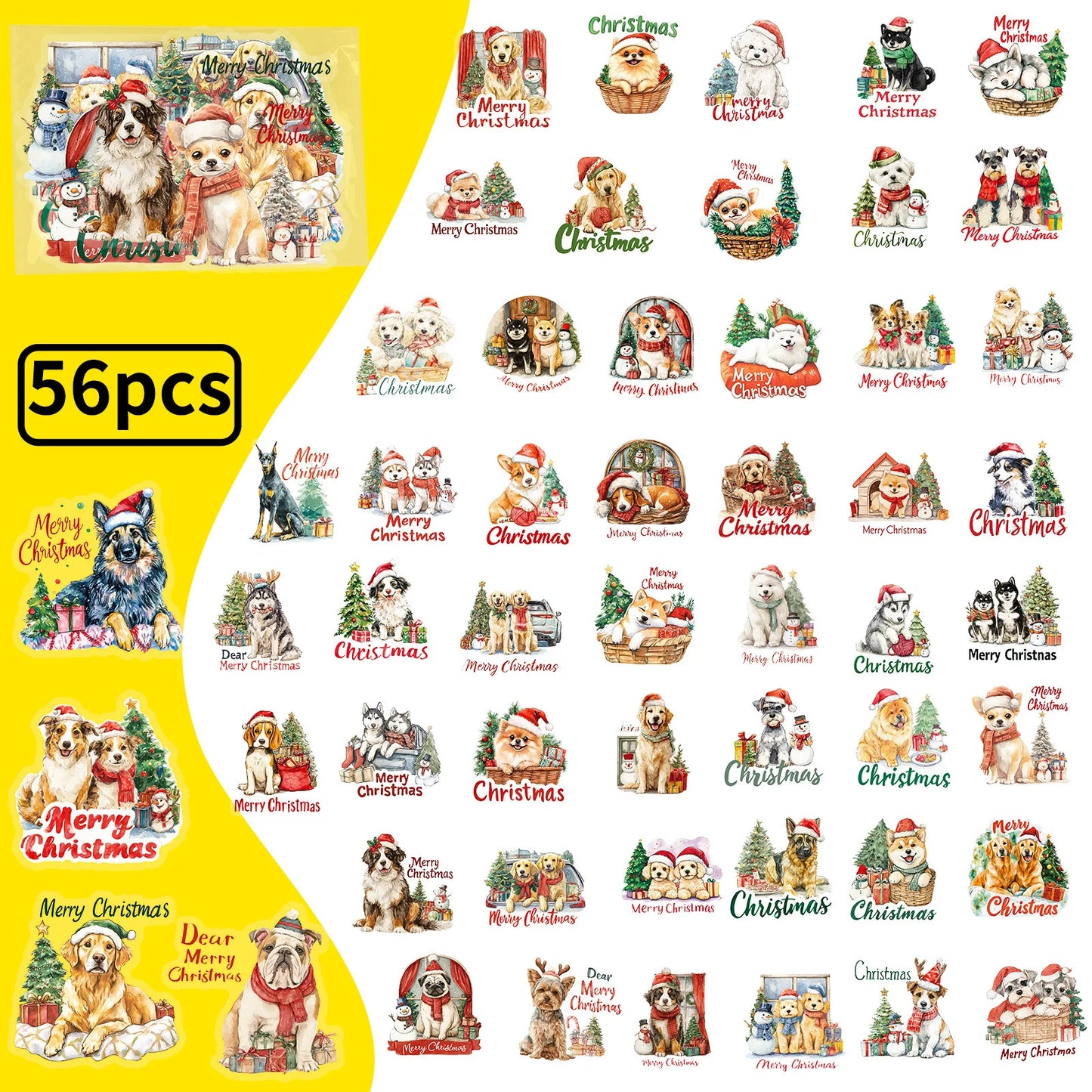 56PCS Christmas Dog Cartoon Stickers Transparent PET Material Holiday Account Refrigerator Decorative Stickers