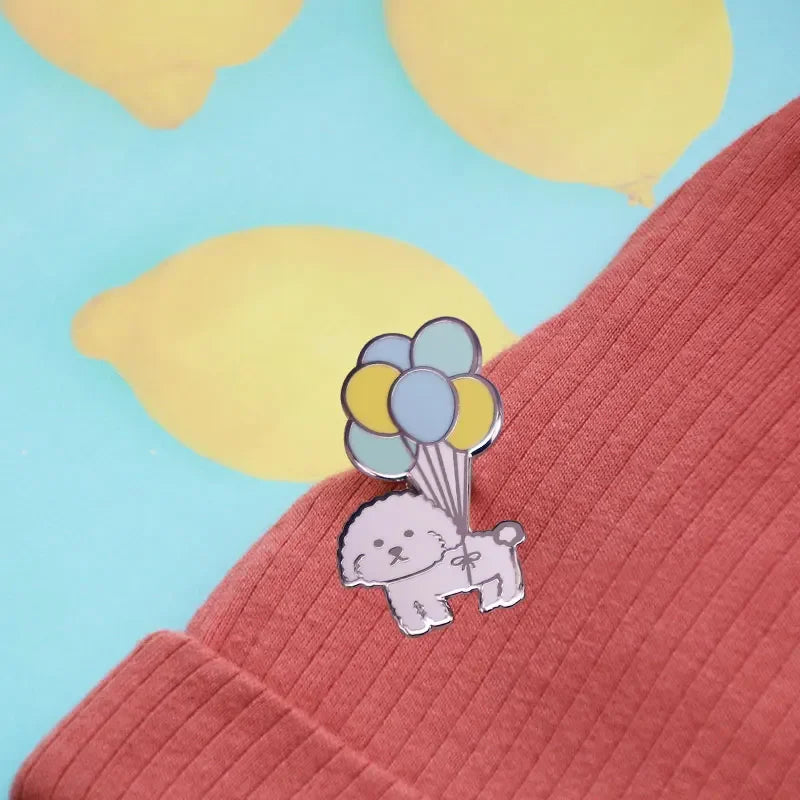 Vivi Dog with Balloons Enamel Pin Mini Puppy Bichon Frise Cute Dog Pet Brooch Badge