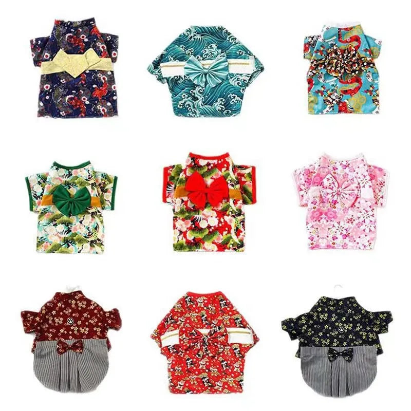 the SAKURAKIMONO PET DRESS - Adorable Brocade Pet Kimono Dress, Japanese Style Pet Dress, Floral Bowknot Pet Costume for Dogs/Cats
