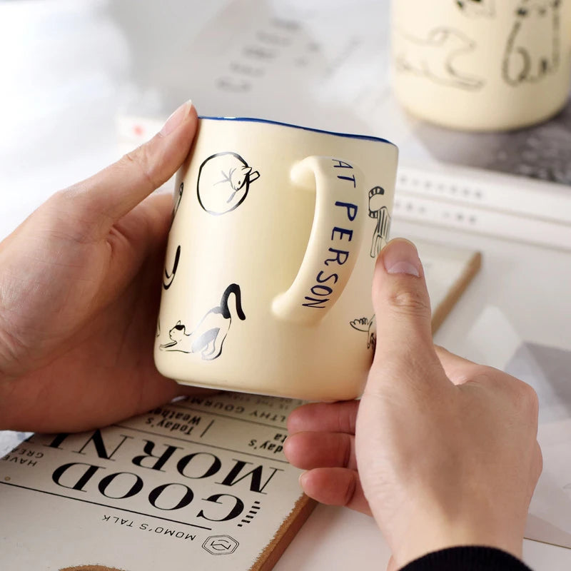 the FURRY FRIENDS BREW MUG - 420ml Ceramic Cat & Dog Couple Mug, Heat Resistant Milk/Coffee Mug, Hand Painted Household Juice Cup, Microwave Safe