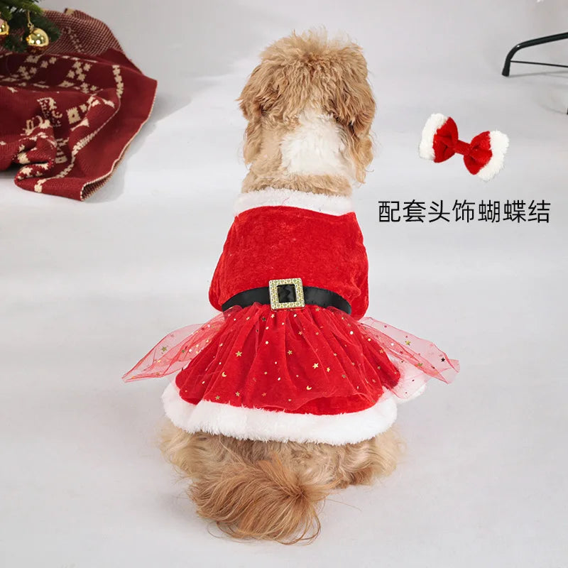 the CHRISTMAS BELLE DRESS - Christmas Red Mesh Dog Dress with Bow Headpiece, Festive Outfit for Small & Medium Dogs