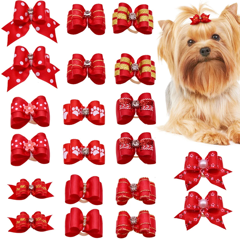 20pcs Pet Dog Cute Hair Bows with Rhinestone&Flowers Ribbon Bows Dog Hair Accessory Dog Groomining Pet Supplies