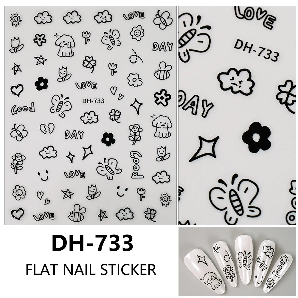 3D Flat Cute Cartoon Nail Stickers Doodle Cat Dog Heart Star Flower Nail Art Stickers Women DIY Manicure Decoration Decals