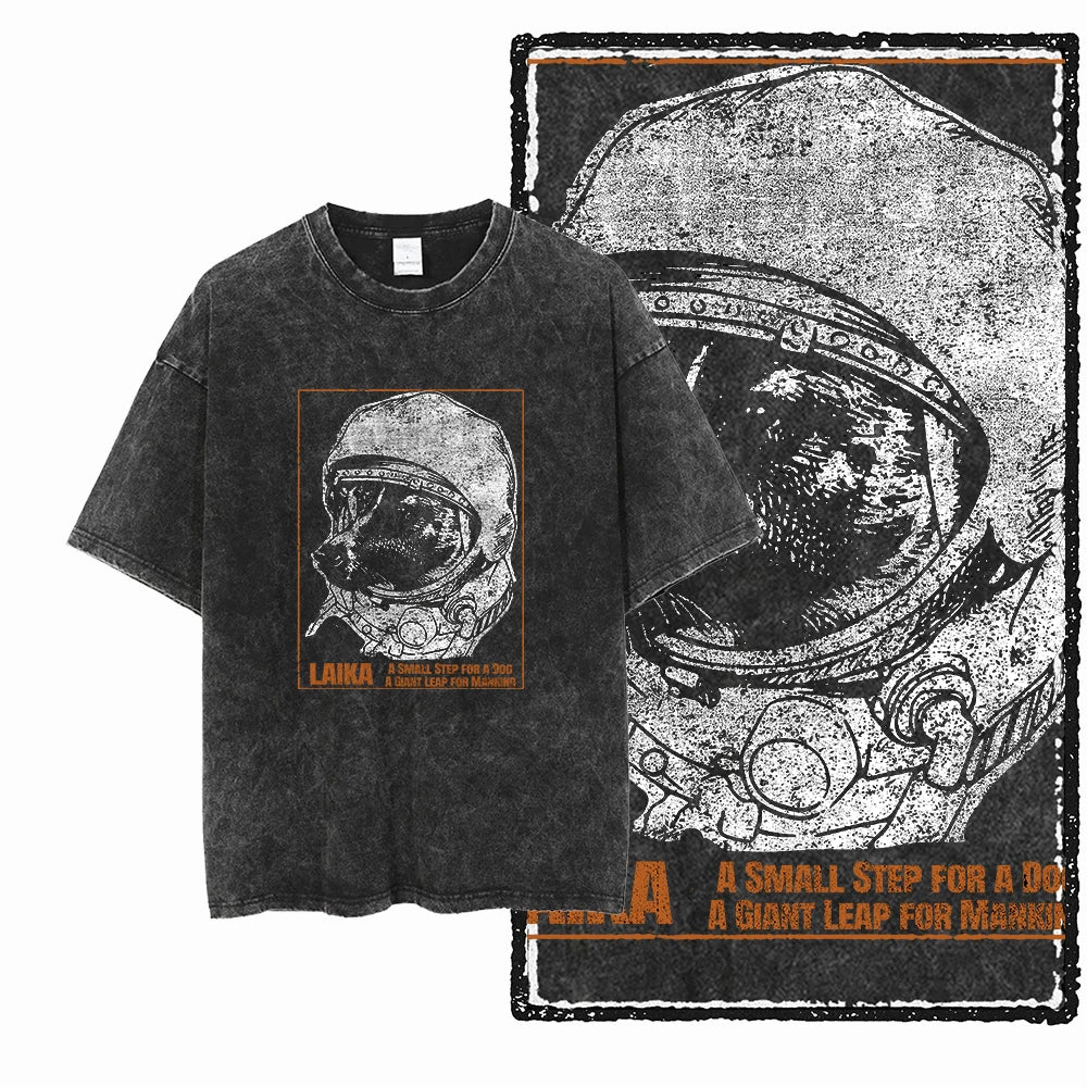 the SPACE TRAILBLAZER - DCA Laika Dog Printed Acid Washed Cotton Streetwear Exclusive Graphic Unisex T-Shirt, Cool Vintage Men T-Shirts