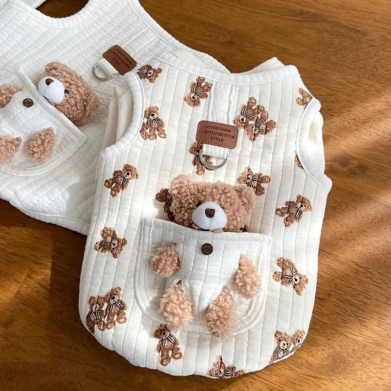 Winter New INS Cotton Dog Clothes Pocket Little Bear Cotton Jacket Vest Chest Back Pet Dog Cat Warm Printed Bear Sleeveless