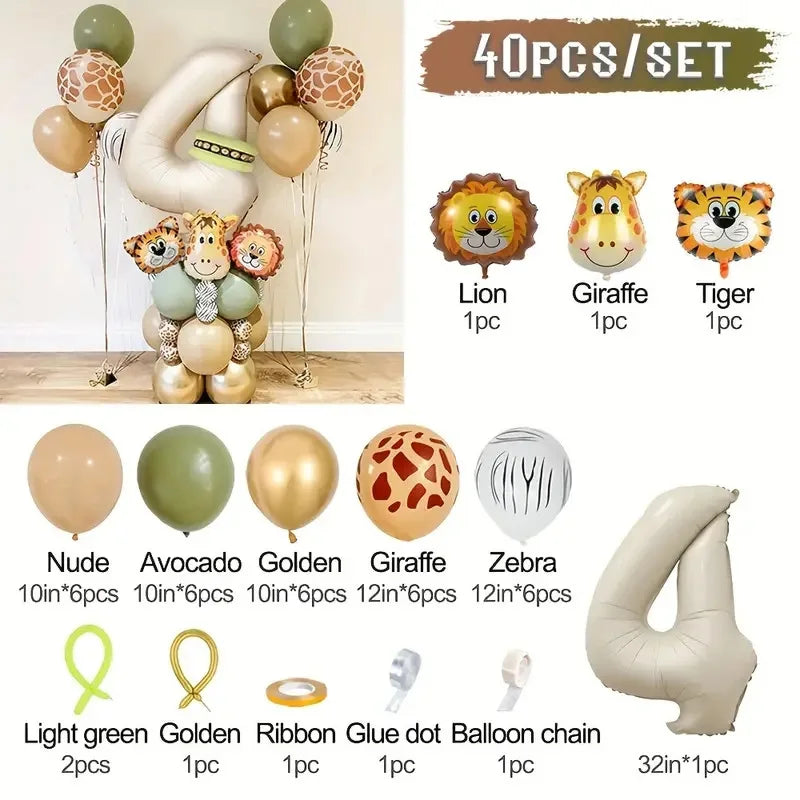 40 Pieces Jungle Retro Animal Balloons for Kids Birthday Number 12345 Gender Reveal Party Decoration Set Digital Birthday Ball