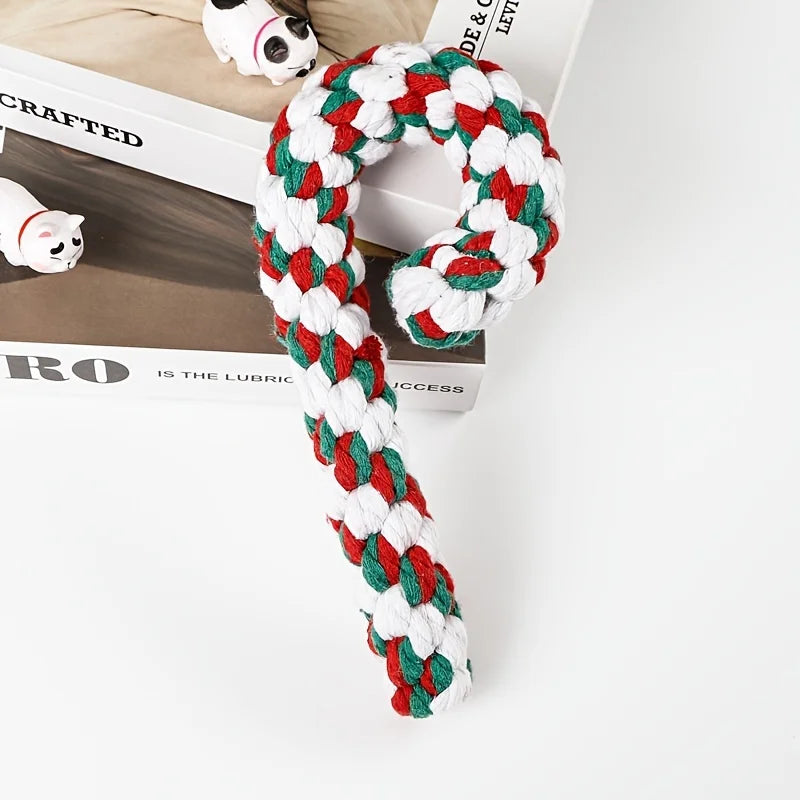 1pc Christmas Dog Rope Toy-Candy Cane Lasso Design with Red&White Stripes&Green Checkered Pattern,Safe Jute Blend Chew Toy