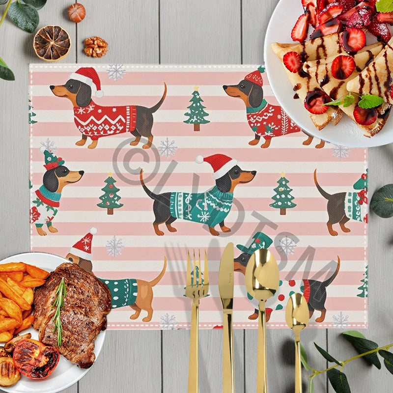 the YULETIDE PUP PLACEMENT - Christmas Snow Fun Dachshund Dog Table Mats for Kitchen, Dinner Christmas Tree Coasters Coffee Teacup Pads, Dish Placemat