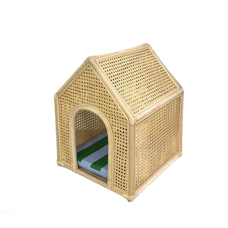 the WICKER HOUSE - House Pet Bed Roof Kennel Rattan Cat/Dog, Bed Kitten/Puppy Handmade Rattan Bed