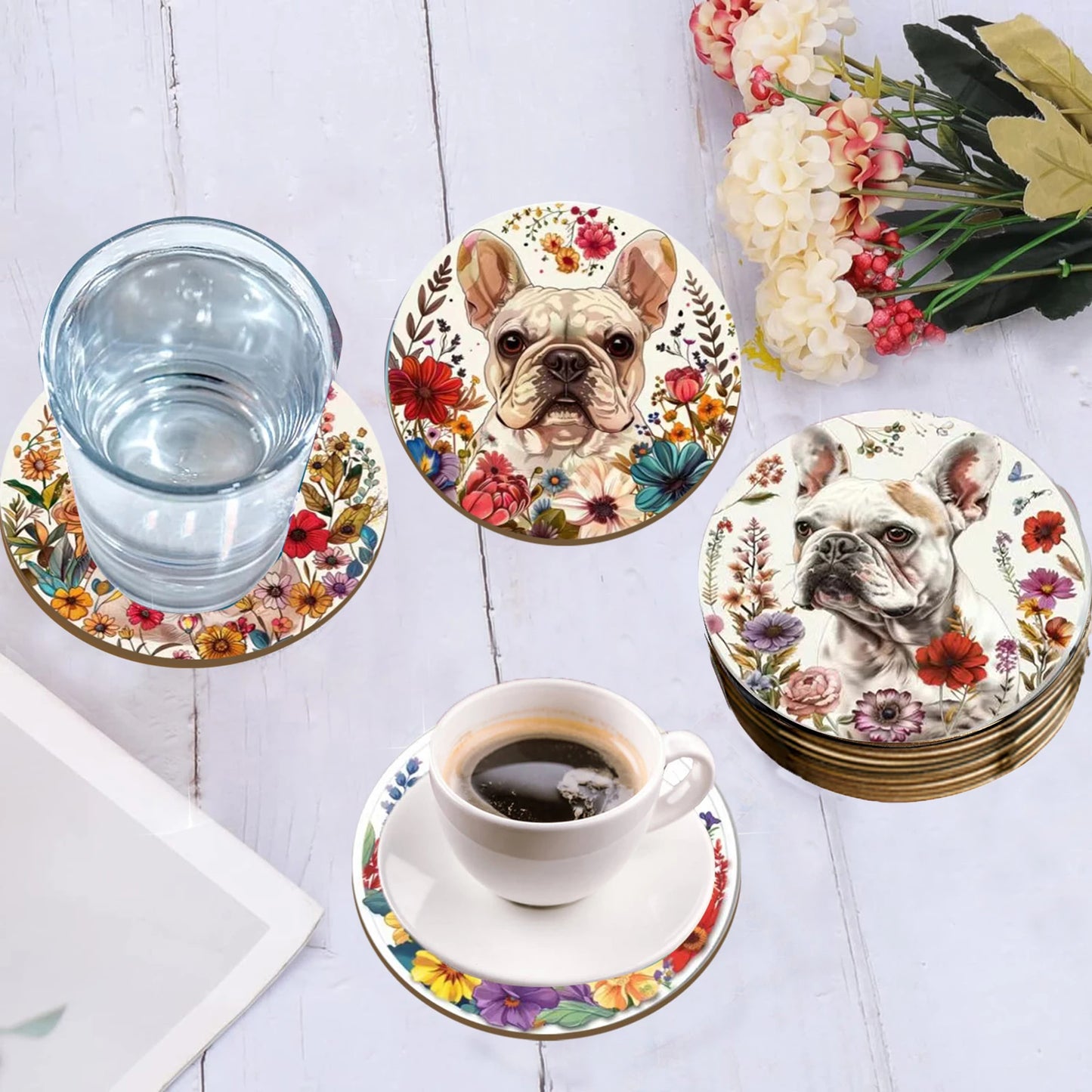 A set of 6-piece cute wooden round coasters with a little dog pattern is suitable for Thanksgiving and Mother's Day decoration
