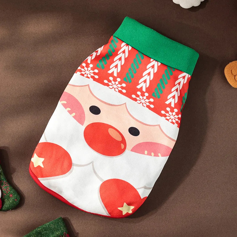 Christmas Santa Dog Vest Warm Fleece, Cartoon Print Pet Jacket, Red/Green, Sleeveless, Sizes S–XL for Small/Medium Dogs