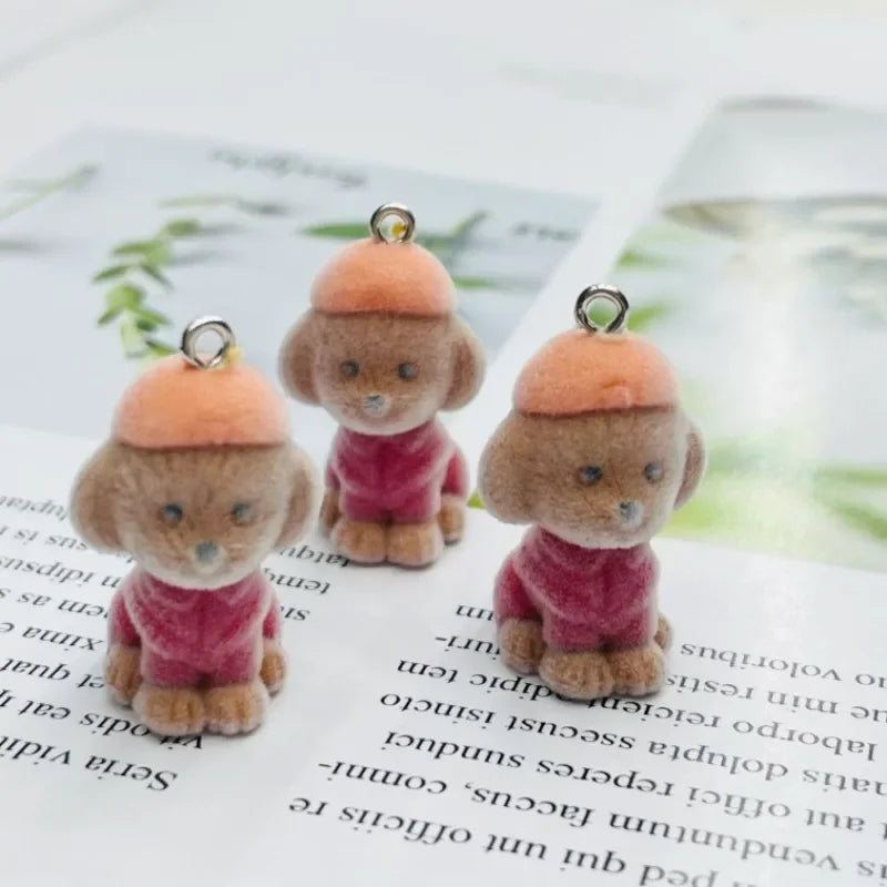 2Pcs 3D Flocking Cute Hat Dog Charms Cartoon Resin Pet Dog Pendant Earring Keychain Accessories For DIY Crafts Jewelry Make