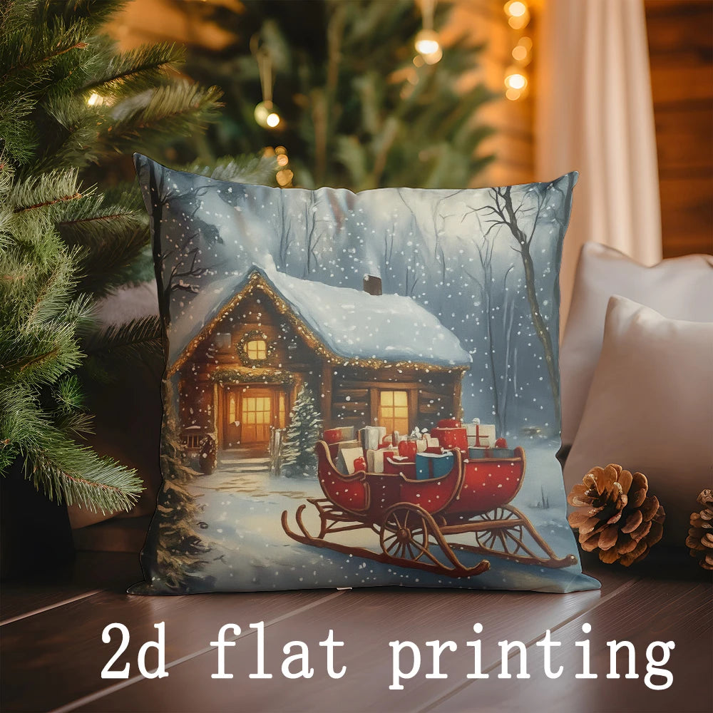 Home Decor Christmas Scenes: Dog, Bird, Cabin Pillow Covers Pattern Cushion Cover Suitable for Sofa Bedroom Car Pillow Cover