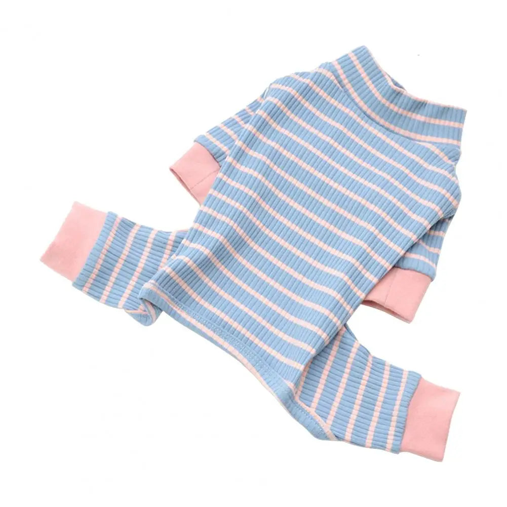 Dog Jumpsuits Striped Pattern Contrast Color Pet Romper O Neck Fabric Close Fitting Kitten Dogs Pajamas Costume For Winter
