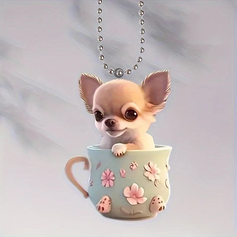 2D Chic Chihuahua Keychain Puppy in Tea Cup Pendant Ornament Acrylic Charm For Christmas ,Backpack,Bag,Home,Festive,Gift&Decor