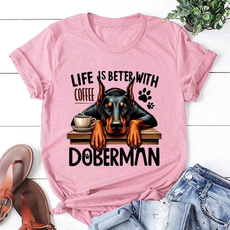the BETTER LIFE - Hot Life Is Better with Coffee Doberman Graphic Short Sleeve T-Shirts for Men/Women, Shirts Loose T-Shirt, Casual Summer T-Shirts