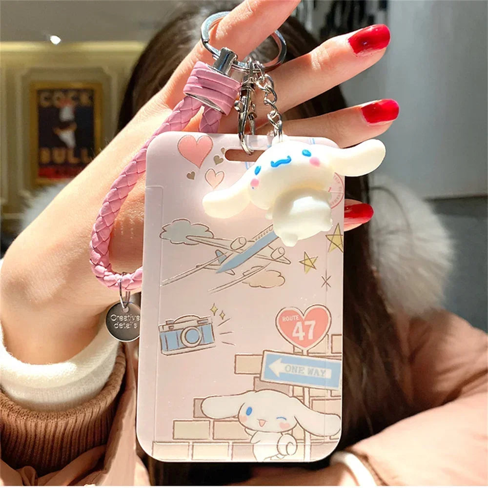 Kawaii Sanrio Cinnamoroll Keychain Cartoon Dog Sliding Card Holder Student Meal Bus Card Lady ID Card Credit Holder