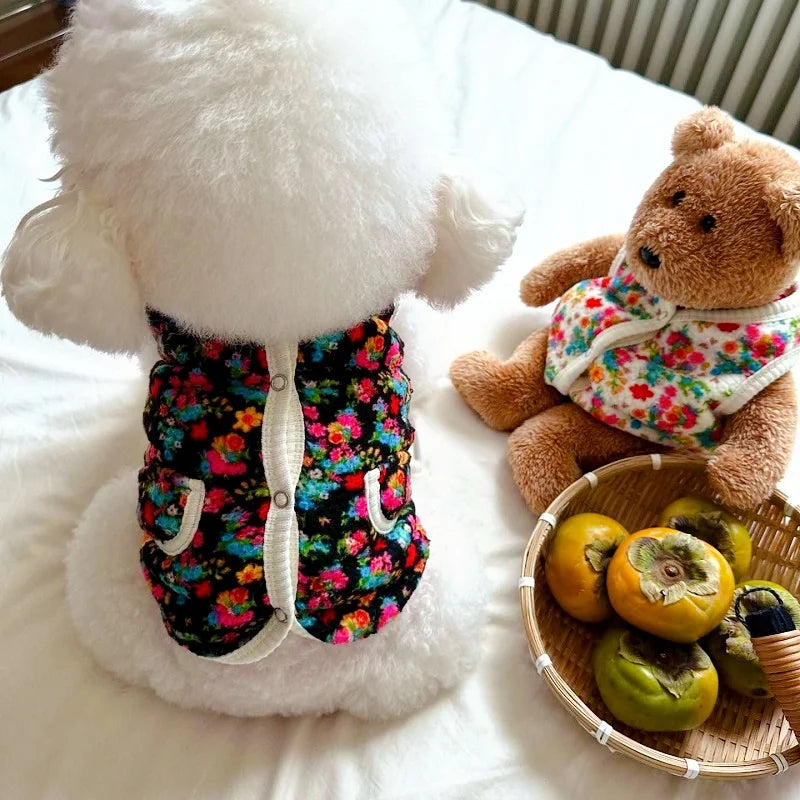 Warm Pet Vest Coat Floral Print Fleece Vest Chiuahua Yorkshire Thick Coat for Small Medium Dog Two-legged Clothes Pet Costume