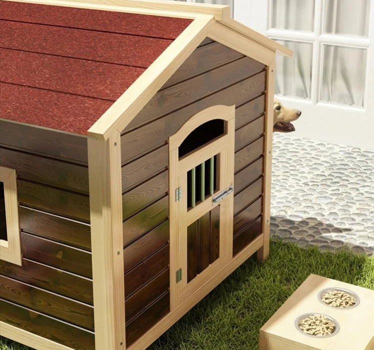 the DOGGY CABIN - Large Outdoor Wooden Dog Kennel with Sun Visor and Wooden Door, Weatherproof Pet House