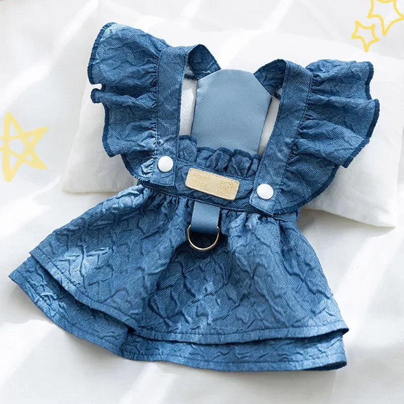 Denim Dog Dresses for Small Dogs, Puppy Girl Clothes with Leash Ring, Flying Sleeves, Summer Cat Apparel, Blue Chihuahua Outfits