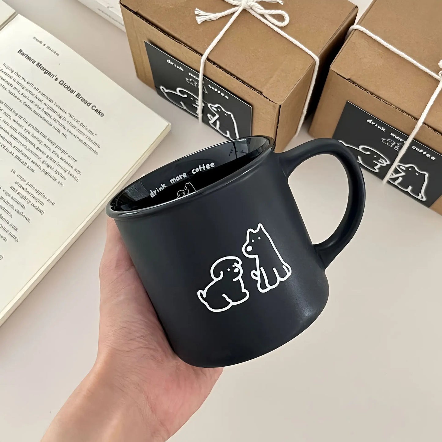 Premium Frosted Small Dog Mark Cup, Korean INS Breakfast Coffee Cup, Ceramic Cup Black and White Couple Cup Gift Box Set