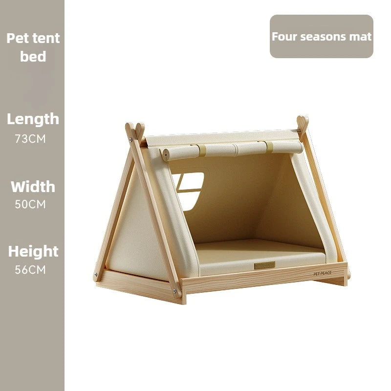 Indoor Dog Tent Pine Wood Dogs Tents Beds Cushion Removable Breathable Dog House Closed Moisture-proof Pet Cat Double Door Tent