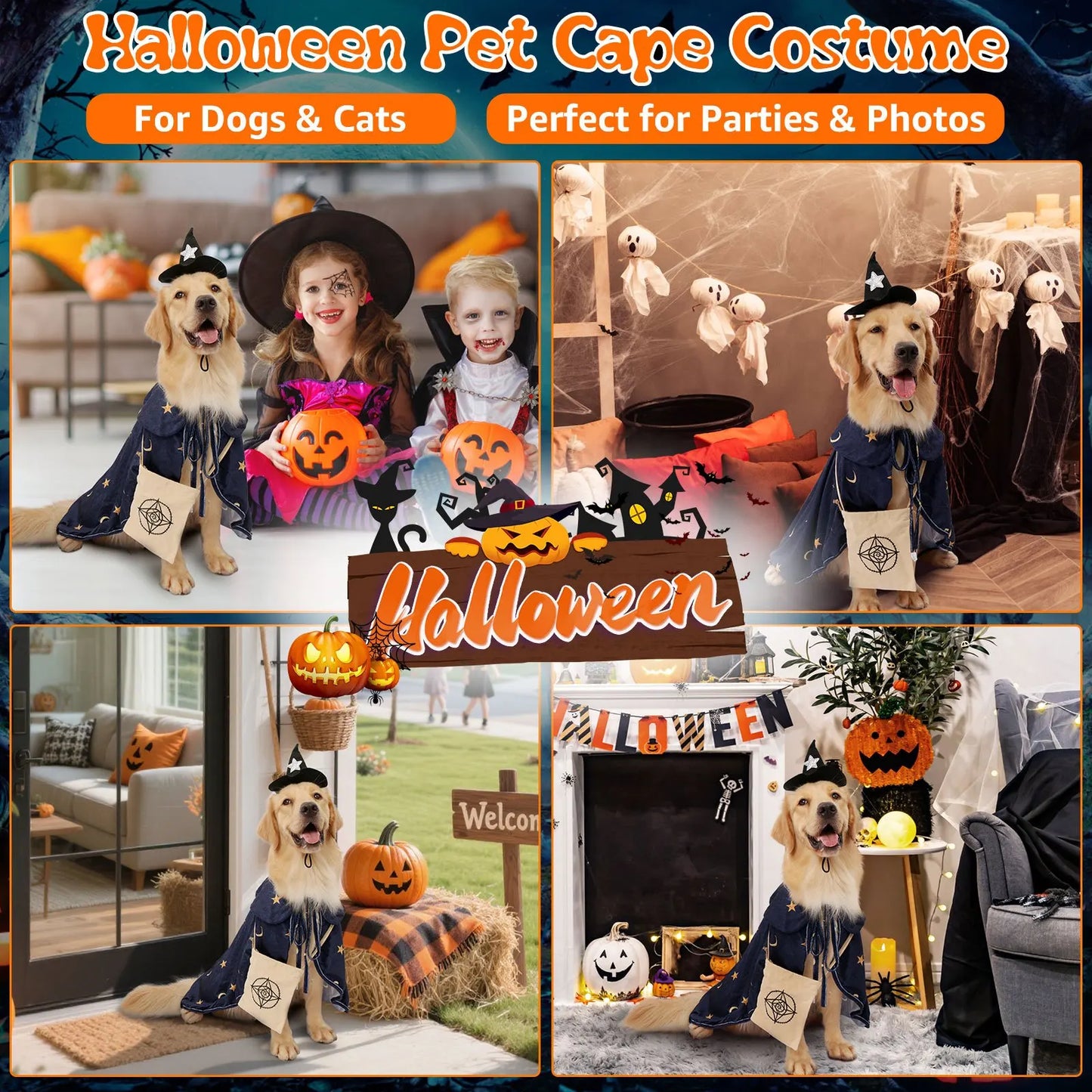 Deluxe Dog Halloween Outfit with Attached Treat Pocket Cape and Matching Hat for small middle Large Breeds
