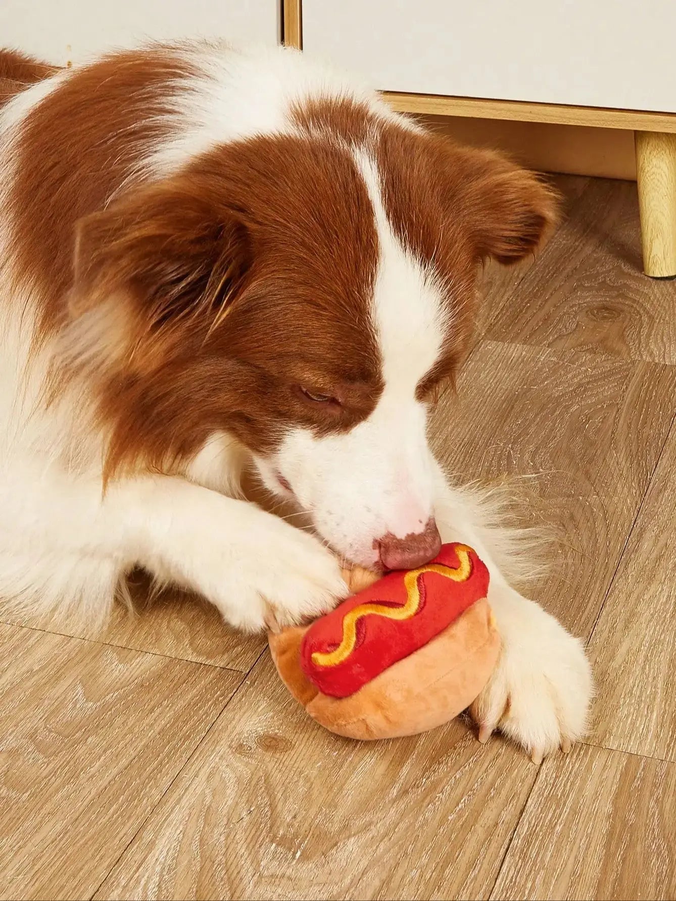 HotDog Havoc™ | Hot Dog Shaped Squeaky Plush Dog Toy | Dog Paw Clothing
