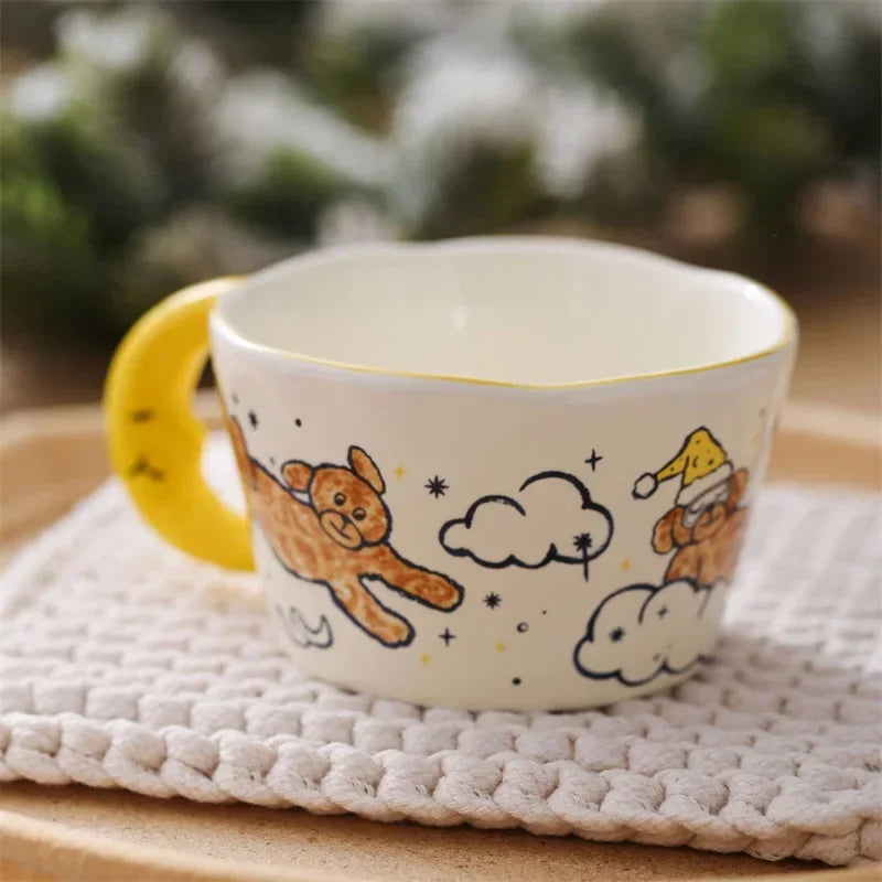 300ml Creative Cartoon Ladybug Dog Pattern Coffee Cup with Moon Handle Ceramic Mug Breakfast Milk Cups for Kids Birthday Gift