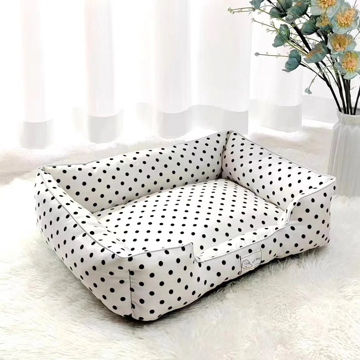 Removable Washable Pet Bed - Polka Dot All Season Mat for Small Medium Dogs Cats, Plush Cushion for Dachshund Puppy