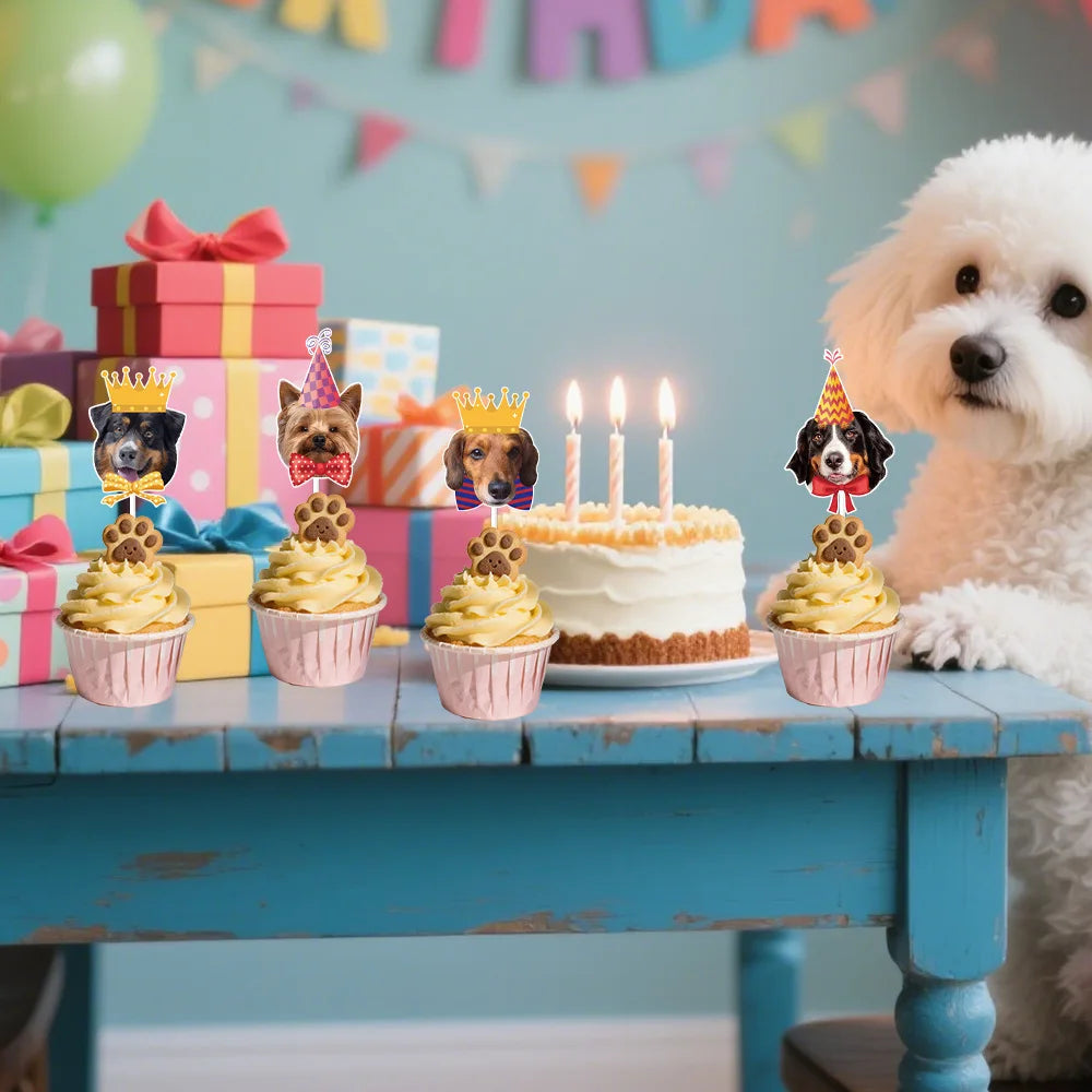 12pc Tie Dog Cake Topper Happy Birthday Crown Wedding Baby Shower Animal Cupcake Topper Dessert Decoration Party Baking Supplies