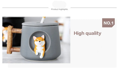 Kawaii Cute 3D Ceramic Cartoon Shiba Dog Coffee Mug Teacher Appreciation Gifts, 420ML Tea Cup with Wood Handles for Office,Home