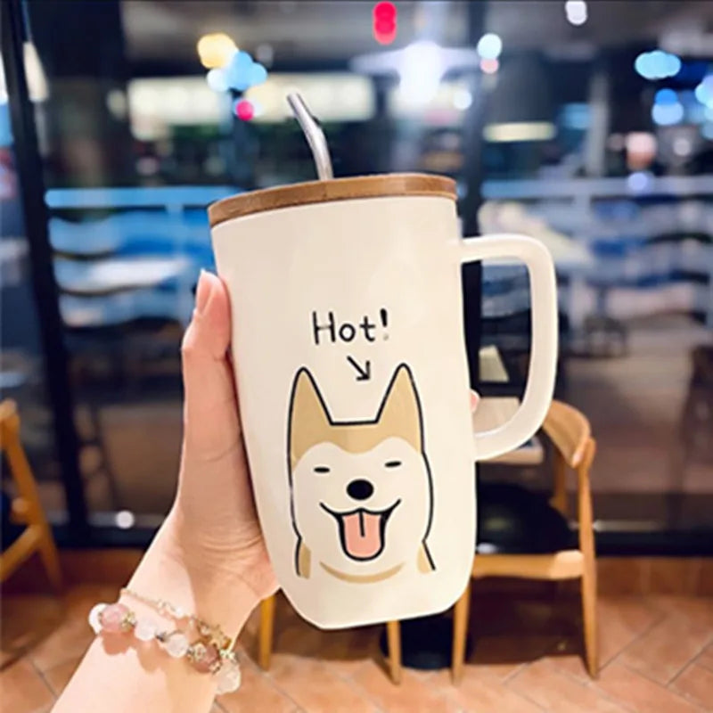 Large Capacity Ceramic Coffee Mug with Lid and Straw, Dog Design Teacup with Handle, Creative Gifts, 600ml