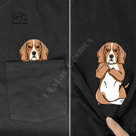 the BAD BEAGLE - Beagle Middle Hand in Pocket T-Shirt, Dog Lovers Black Cotton Men, Made in USA Cartoon T-Shirt, Men/Unisex New Fashion T-Shirt