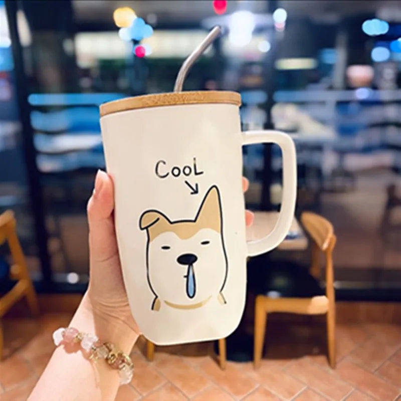 Large Capacity Ceramic Coffee Mug with Lid and Straw, Dog Design Teacup with Handle, Creative Gifts, 600ml