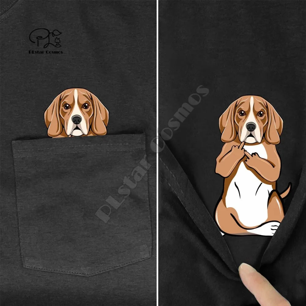 the BAD BEAGLE - Beagle Middle Hand in Pocket T-Shirt, Dog Lovers Black Cotton Men, Made in USA Cartoon T-Shirt, Men/Unisex New Fashion T-Shirt