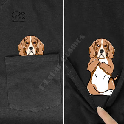 the BAD BEAGLE - Beagle Middle Hand in Pocket T-Shirt, Dog Lovers Black Cotton Men, Made in USA Cartoon T-Shirt, Men/Unisex New Fashion T-Shirt
