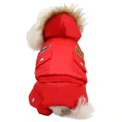 Red USA Airman Style Pet Dogs Coat Warm Small Dog Apparel Fleece Winter Coat Snowsuit Hooded Jumpsuit Waterproof Clothing