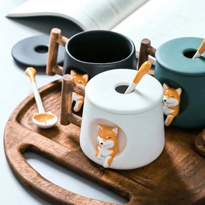 Kawaii Cute 3D Ceramic Cartoon Shiba Dog Coffee Mug Teacher Appreciation Gifts, 420ML Tea Cup with Wood Handles for Office,Home