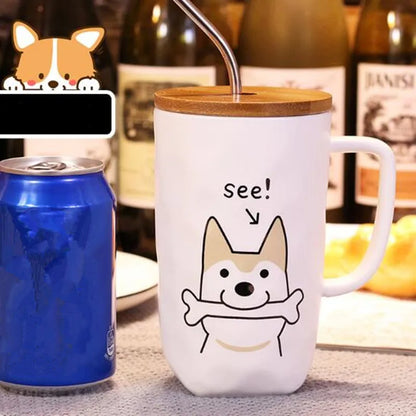 600ml Ceramic Coffee Cup with Wooden Lid And Stainless Steel Straw Large Capacity Creative Dog Design Milk Tea Cup