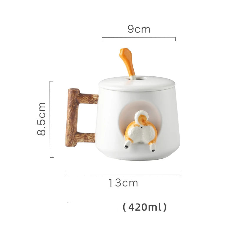 Kawaii Cute 3D Ceramic Cartoon Shiba Dog Coffee Mug Teacher Appreciation Gifts, 420ML Tea Cup with Wood Handles for Office,Home