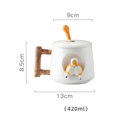 Kawaii Cute 3D Ceramic Cartoon Shiba Dog Coffee Mug Teacher Appreciation Gifts, 420ML Tea Cup with Wood Handles for Office,Home