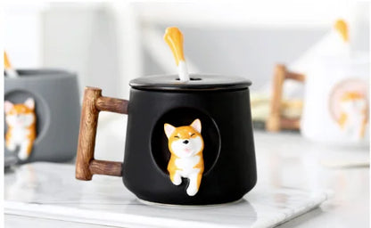 Cartoon Ceramic Mug Cute 3D Shiba Inu Dog Spoon Milk Tea Creative Coffee Cup